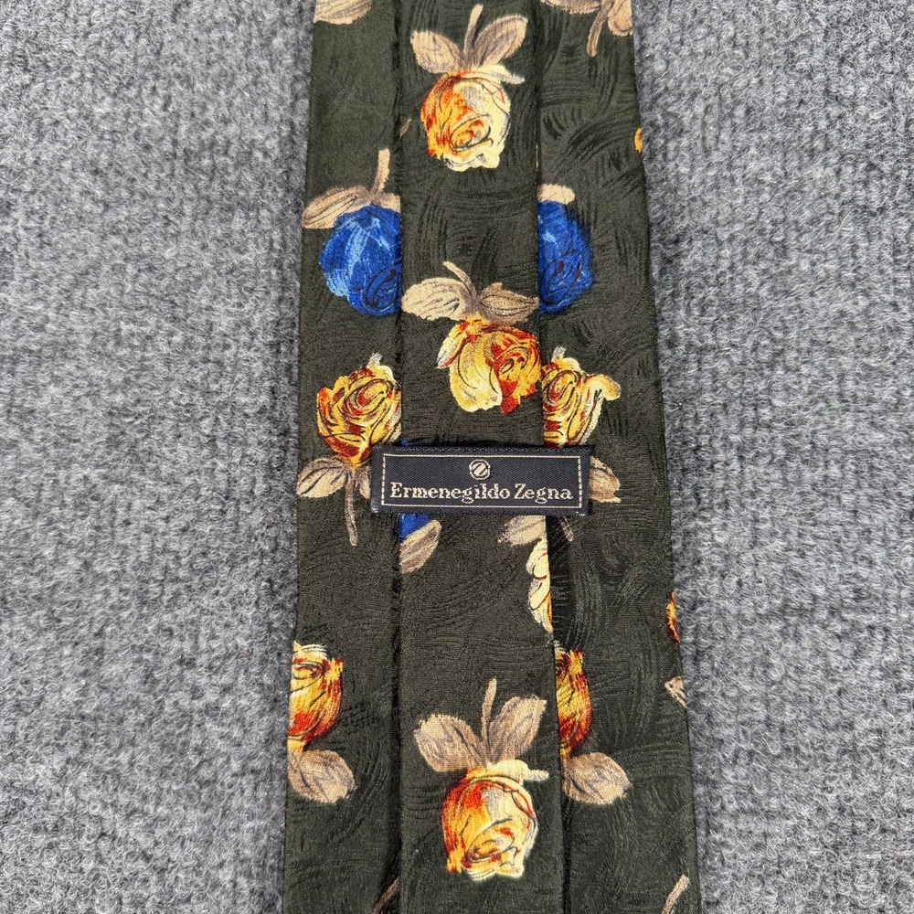 Ermenegildo Zegna Mens Silk Tie Green Floral Rose Jacquard Made in Italy #4937